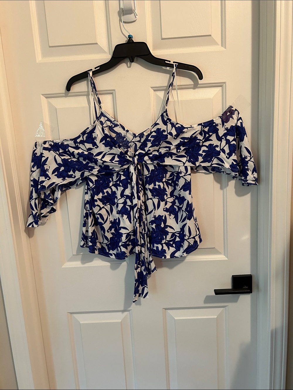 Luxxel Blue and White Floral Cold-Shoulder Tie-Front Camisole